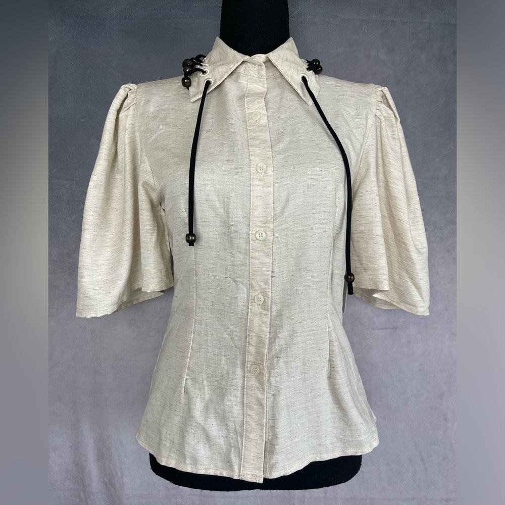 Sister Jane cream form fitting linen blouse with beaded collar detailing